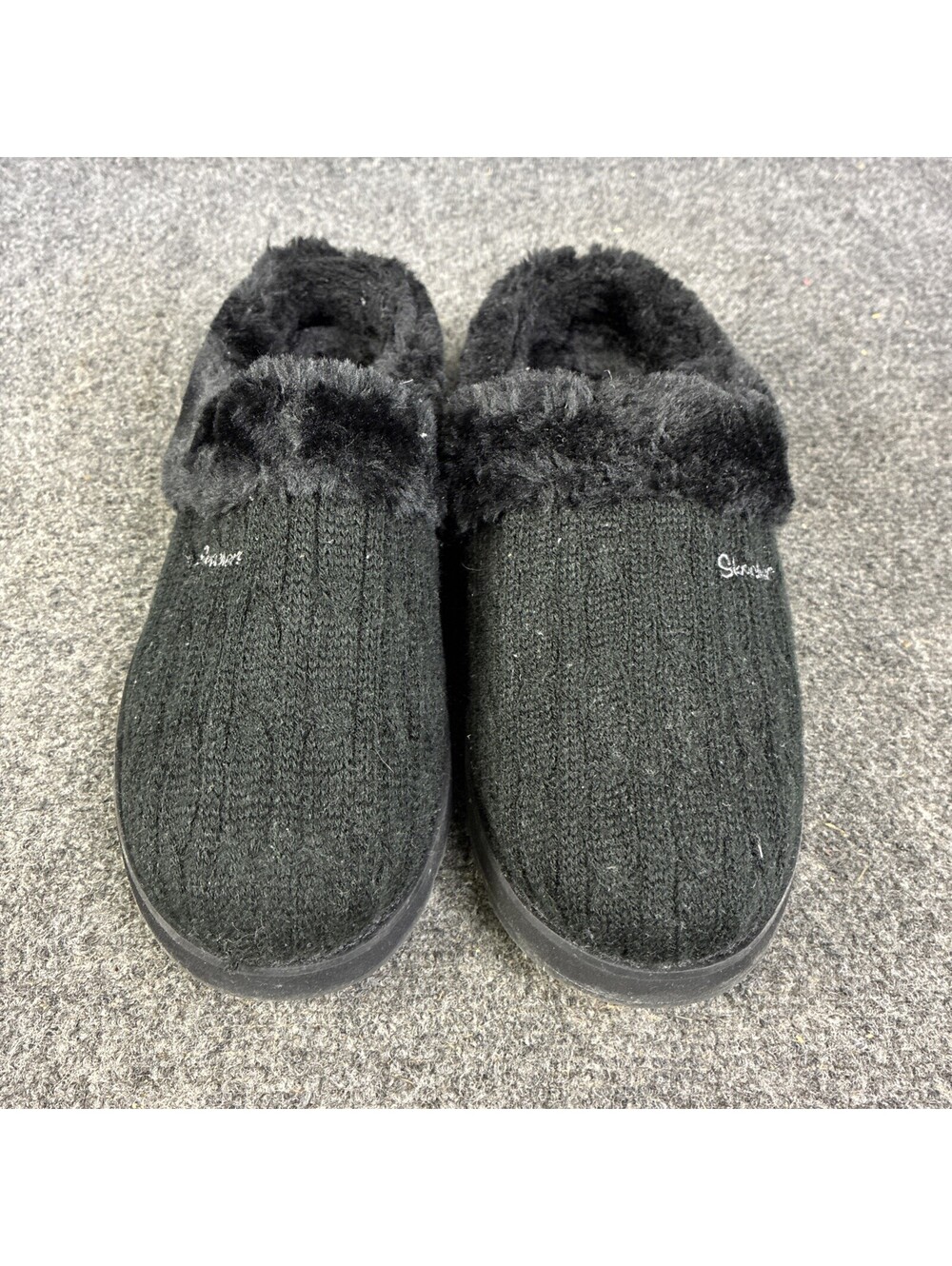Skechers Womens Size 10 Keepsakes Postage Black Sweater Knit Fur Lined Slippers